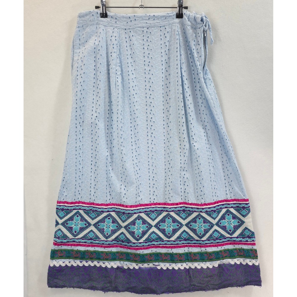 Cottagecore Eyelet Embroidered Hem Maxi Skirt Blue Women L Boho Whimsical